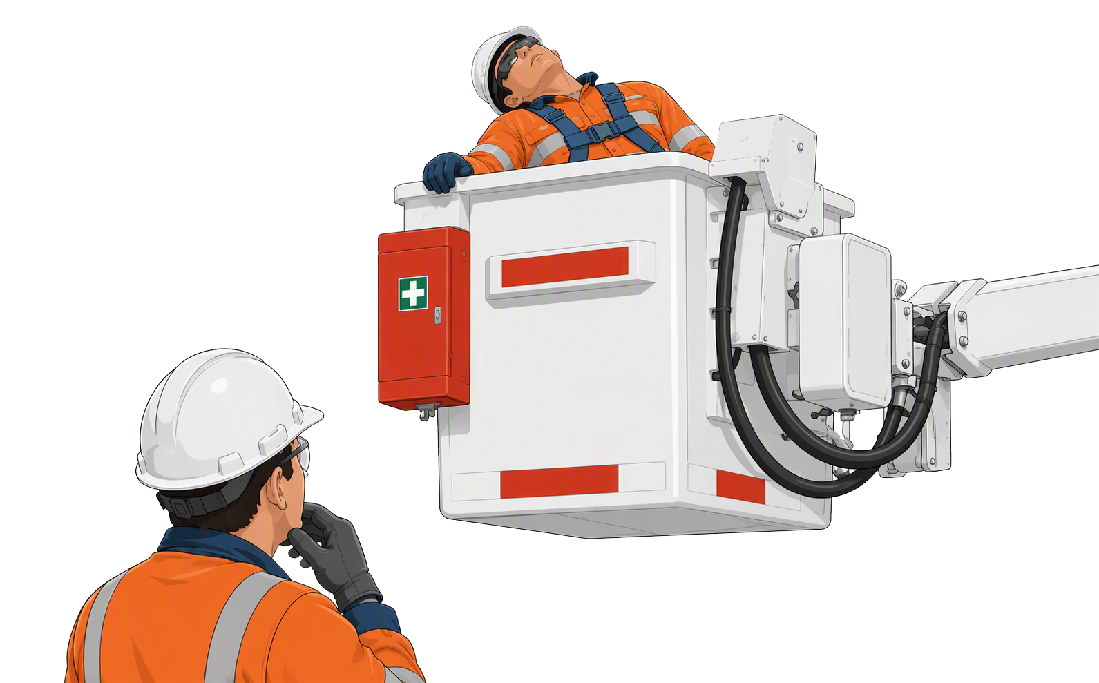 Ground crew communicating with an EWP operator near overhead lines