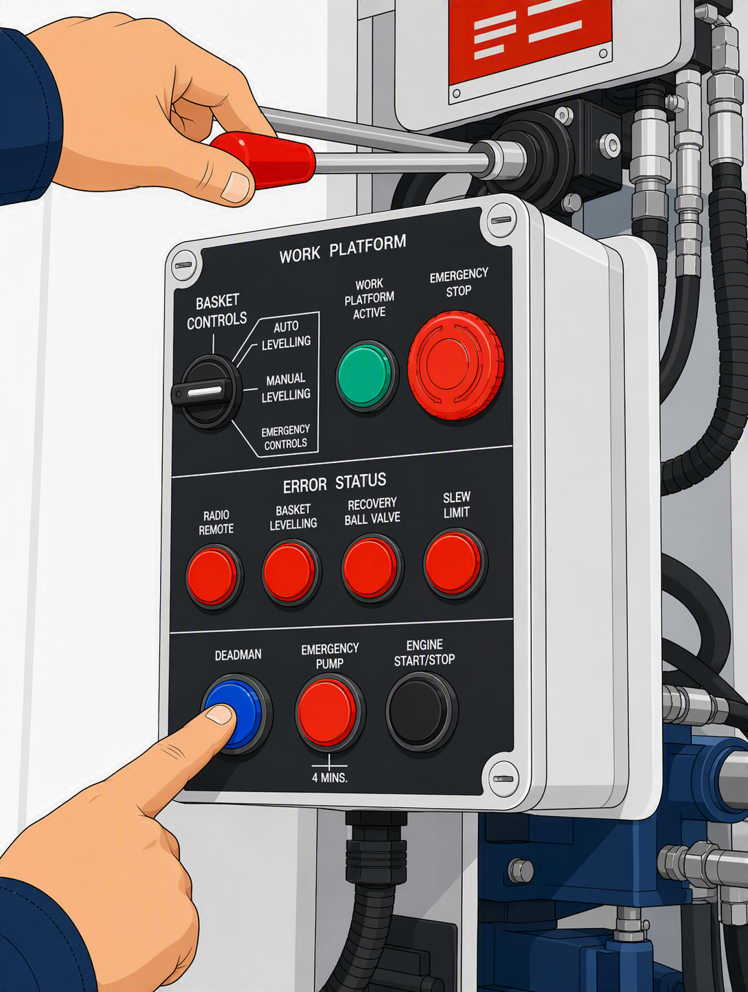 Emergency pump control on the base controls panel